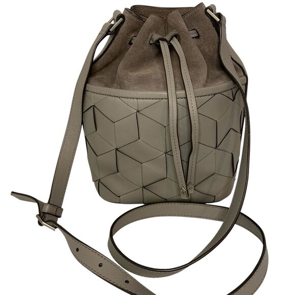Welden Leather Bucket Bag Gray Crossbody Purse Geometric Weave Drawstring Medium - Picture 6 of 11